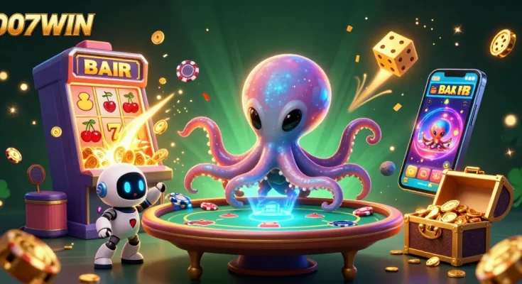 Play fun games at 007WIN featuring an entertaining alien octopus at a holographic poker table.