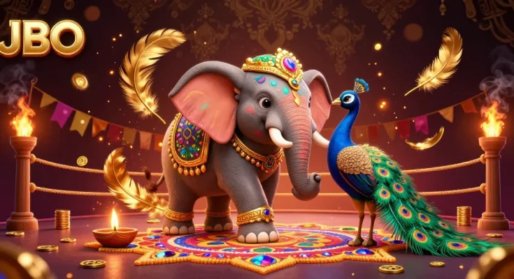 Engage with thrilling experiences at JBO while enjoying vibrant gambling-themed festivities illustrated in 3D.